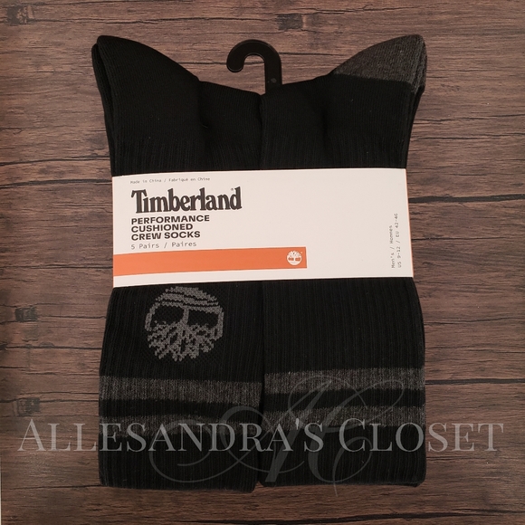 Timberland Socks Men's Black Performance Cushioned Crew Socks Logo 5 Pairs - Picture 1 of 3